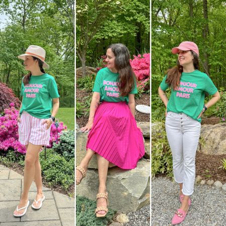 Three ways to style a colorful t-shirt 💚 Pink skirt is super old Target find. #summeroutfit 

#LTKStyleTip #LTKOver40