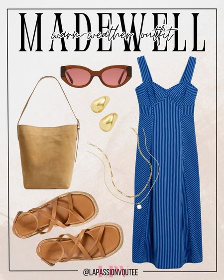 Radiate summer elegance in our sleeveless midi dress, perfect for sunny days and breezy nights. Complete your ensemble with chic sunglasses, a dainty necklace, and eye-catching droplet earrings. Carry your essentials in style with a trendy bucket tote bag and step into comfort with raffia sandals, epitomizing laid-back luxury.

#LTKxMadewell #LTKSeasonal #LTKstyletip