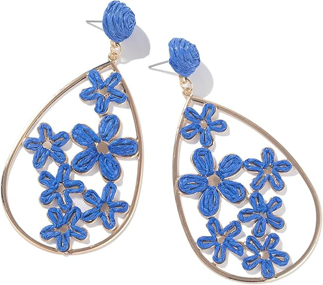 Flower Teardrop Earrings Boho Raffia Earrings Cute Floral Dangle Earrings Trendy Statement Jewelr... | Amazon (US)