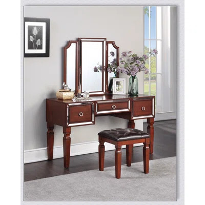 Luxurious Majestic Classic Vanity Set With Stool, 3 Storage Drawers, And Tri-Fold Mirror For Elegant Bedroom Decor | Wayfair North America