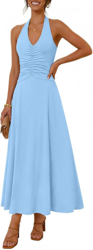 MEROKEETY Women's Formal Halter Maxi Dress 2026 Summer Backless Sleeveless V Neck Ruched Cocktail... | Amazon (US)