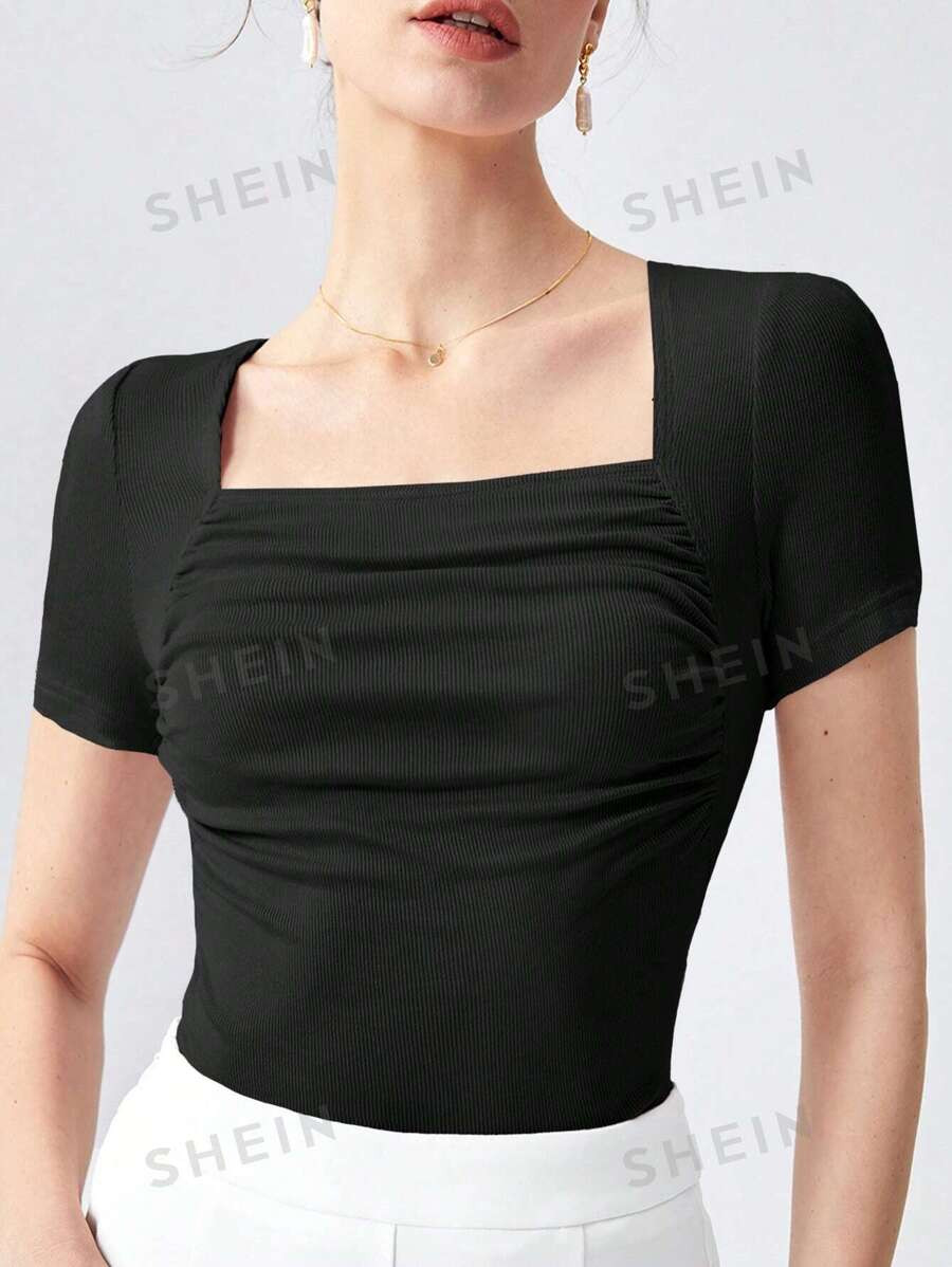 SHEIN BIZwear Square Neck Ruched Tee Workwear | SHEIN