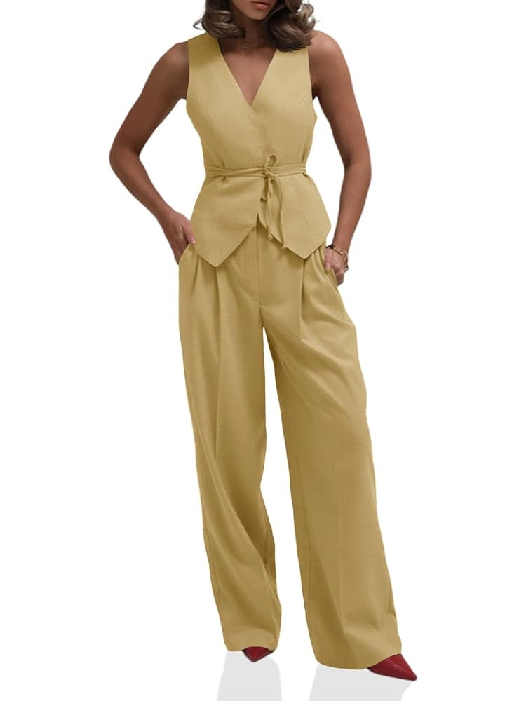 Cicy Bell Womens 2 Piece Outfits V Neck Tie Waist Blazer Vest and Wide Leg Business Casual Suit P... | Amazon (US)