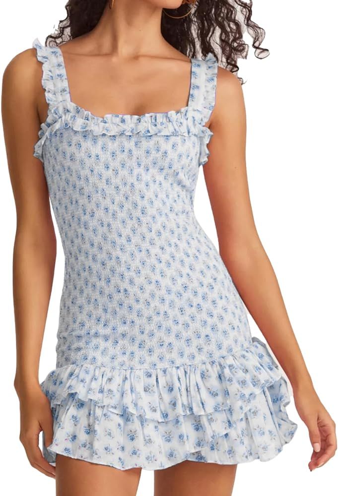 Lace Hem Square Neck Corset Pleated Mini Dress Cute White Women Dress Vacation Mini Dress | Amazon (US)