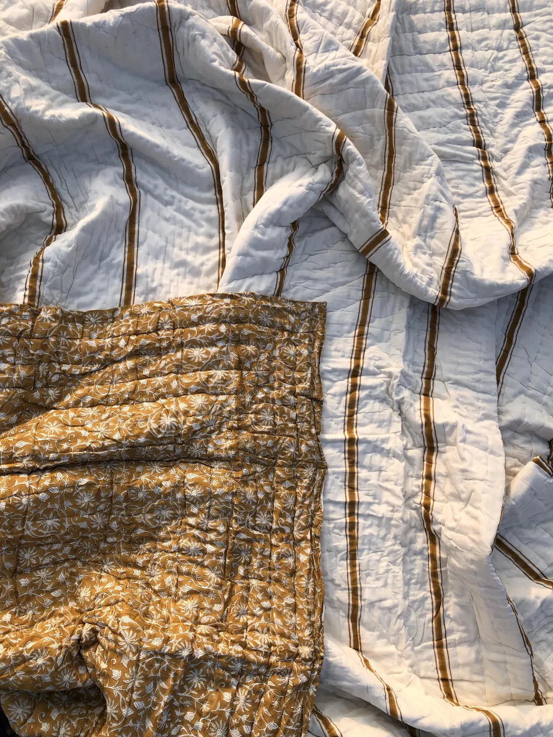 Brown Stripes and Floral Quilt Handmade Cotton Quilt Block Print Blankets - Etsy | Etsy (US)