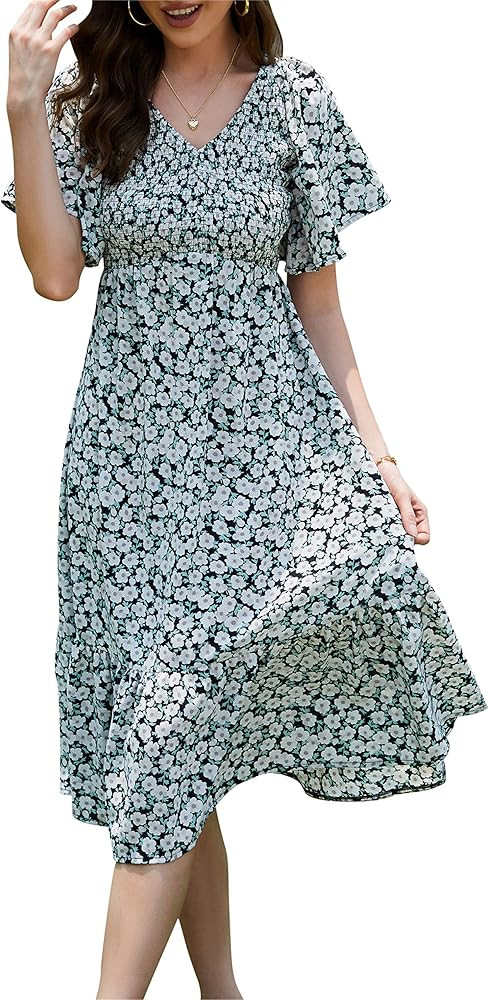 PYGFEMR Women's Summer Empire Waist Dress Smocked Flutter Short Sleeve V Neck Midi Dresses | Amazon (US)