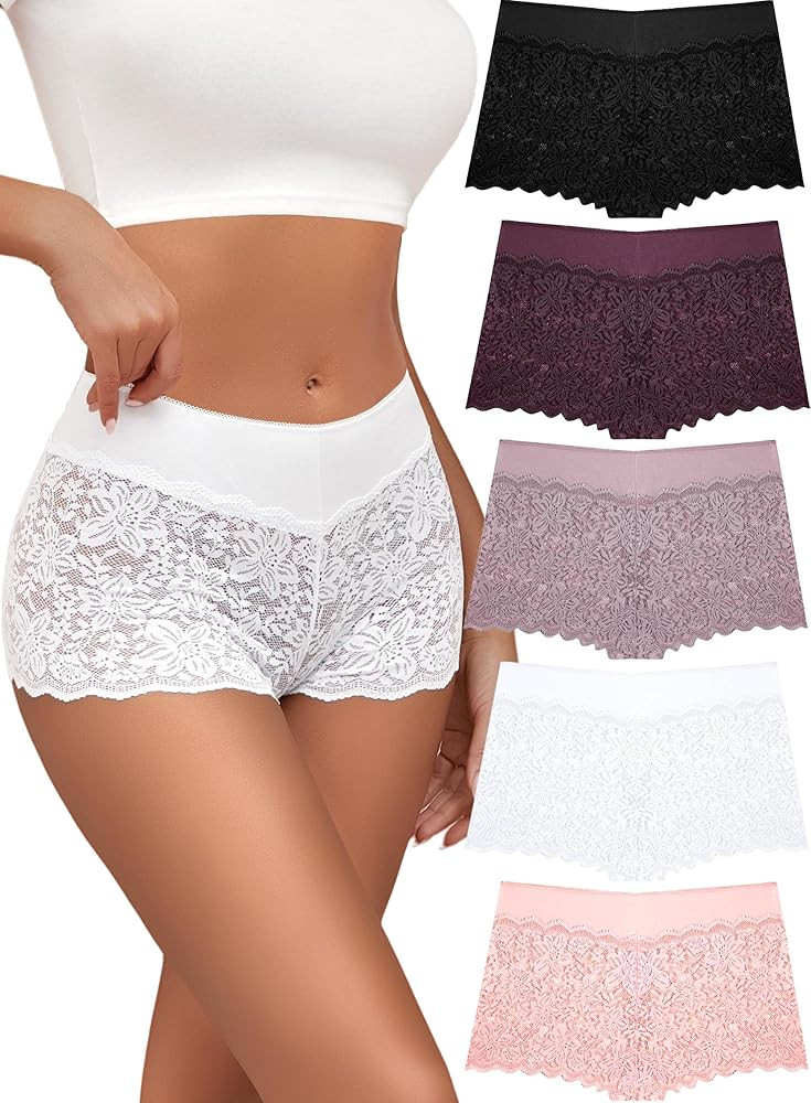 ALL OF SHE Lace Boyshort Sexy Underwear Womens Panties Cheeky Plus Size Lingerie Stretch Cotton W... | Amazon (US)