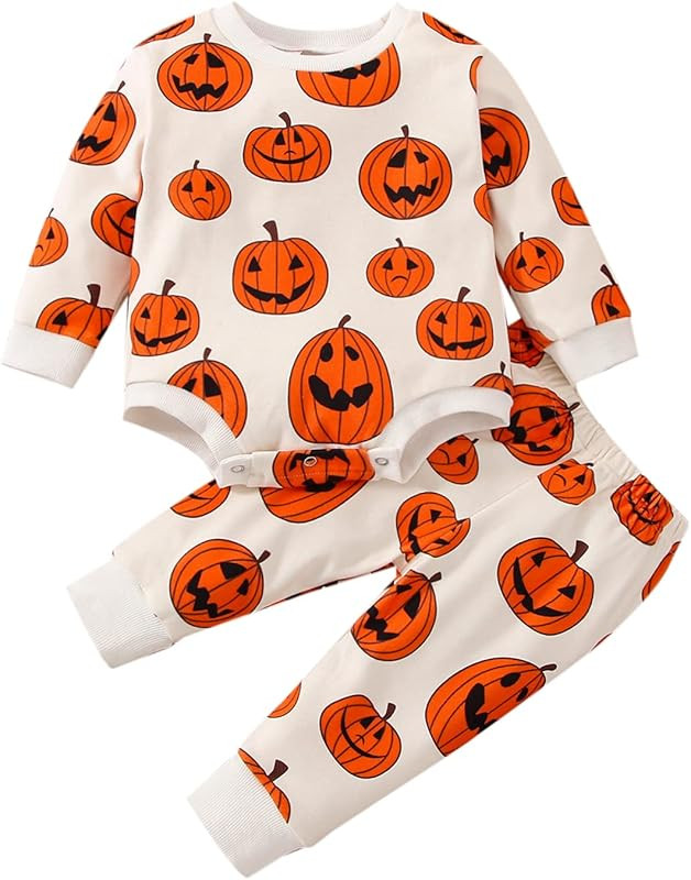 Toddler Baby Boy Girl Halloween Outfits Pumpkin Patch Sweatshirt Shirt Tops + Warm Legging Pants ... | Amazon (US)