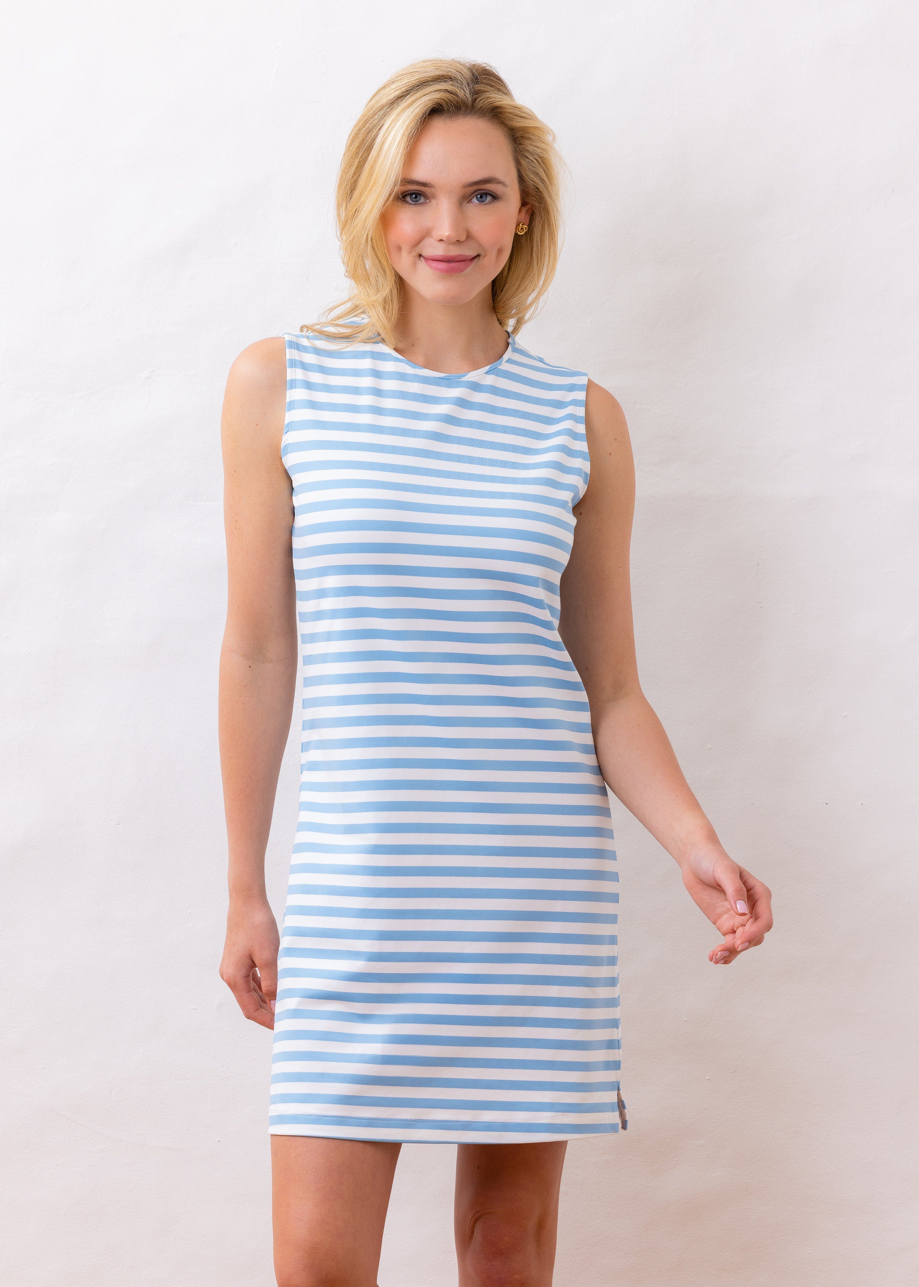 Tory Short Dress in Repreve® Striped Jersey (Blue / White) | Dudley Stephens