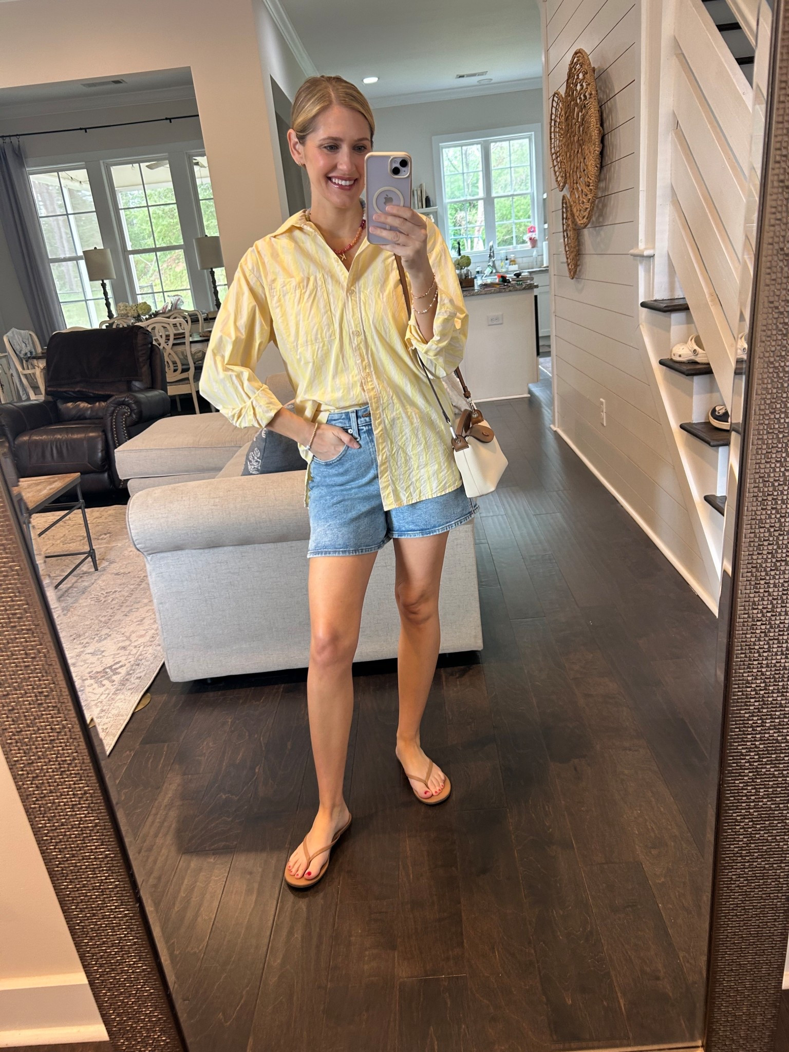 Still obsessing over these Target shorts! Shirt is old but I’ll link similar!

#targetshorts #denimshorts #yellowshirt #sandals 