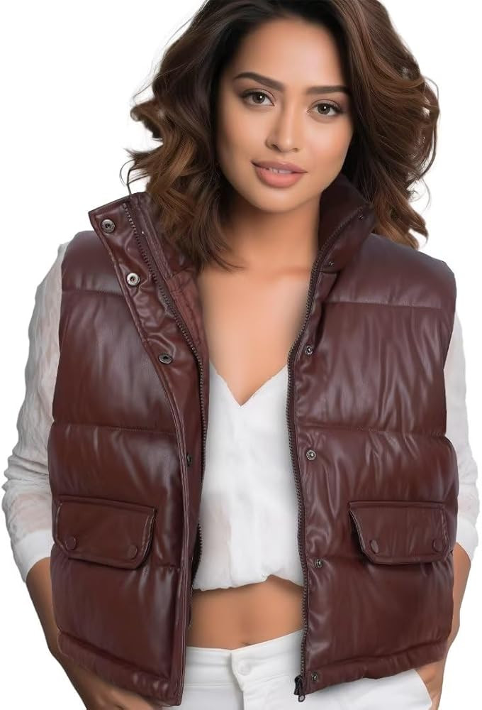 Fashion vests for women Faux Leather Puffer Vest Sleeveless Winter crop Jacket | Amazon (US)