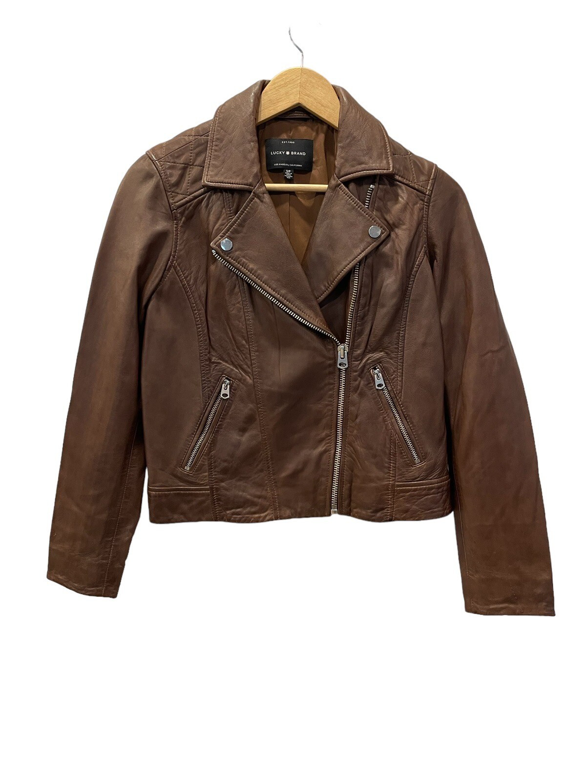 Lucky Brand Distressed Brown Lamb Leather Moto Jacket Size Small | eBay UK