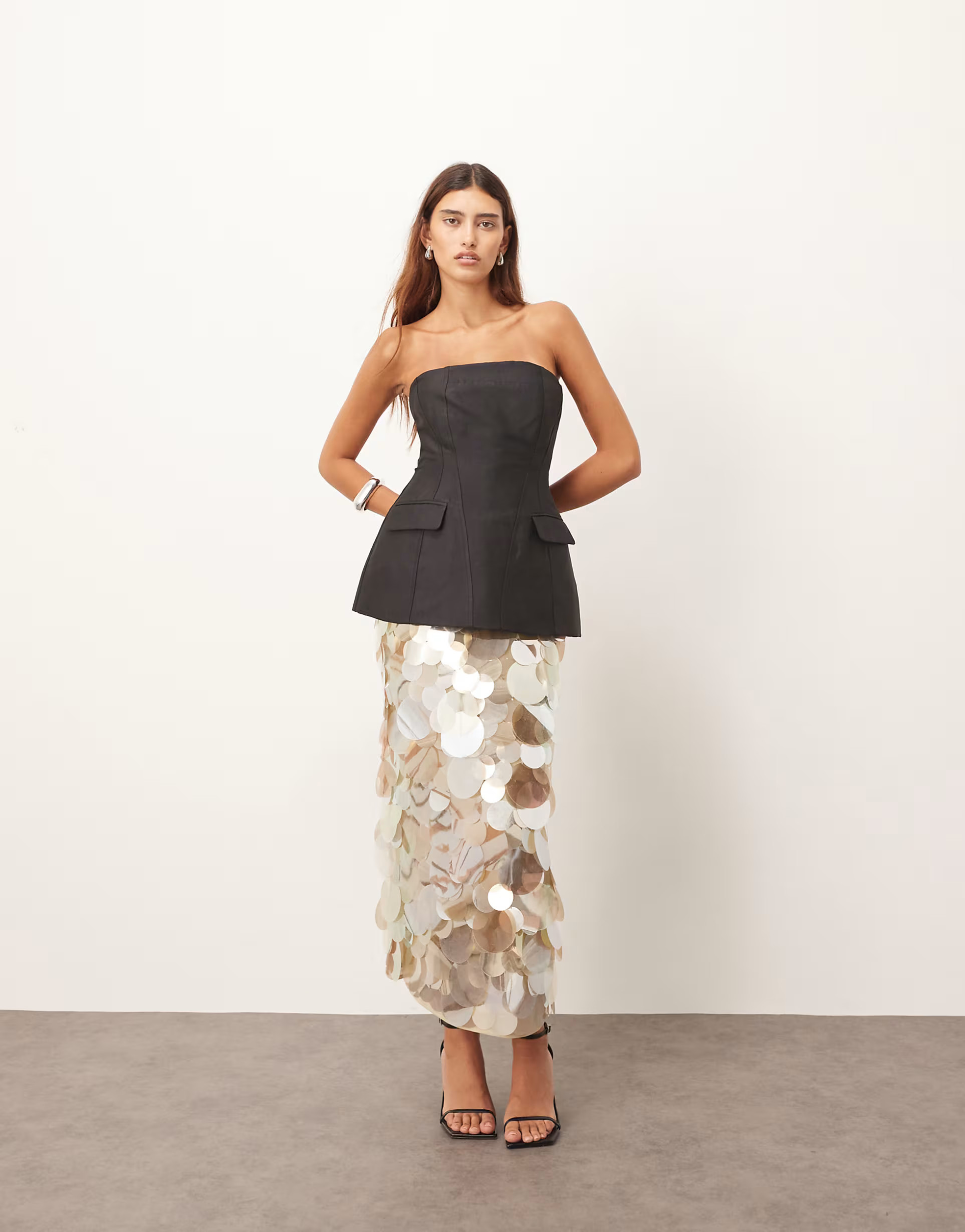 ARRANGE mirror paillette column maxi skirt in silver | ASOS (Global)