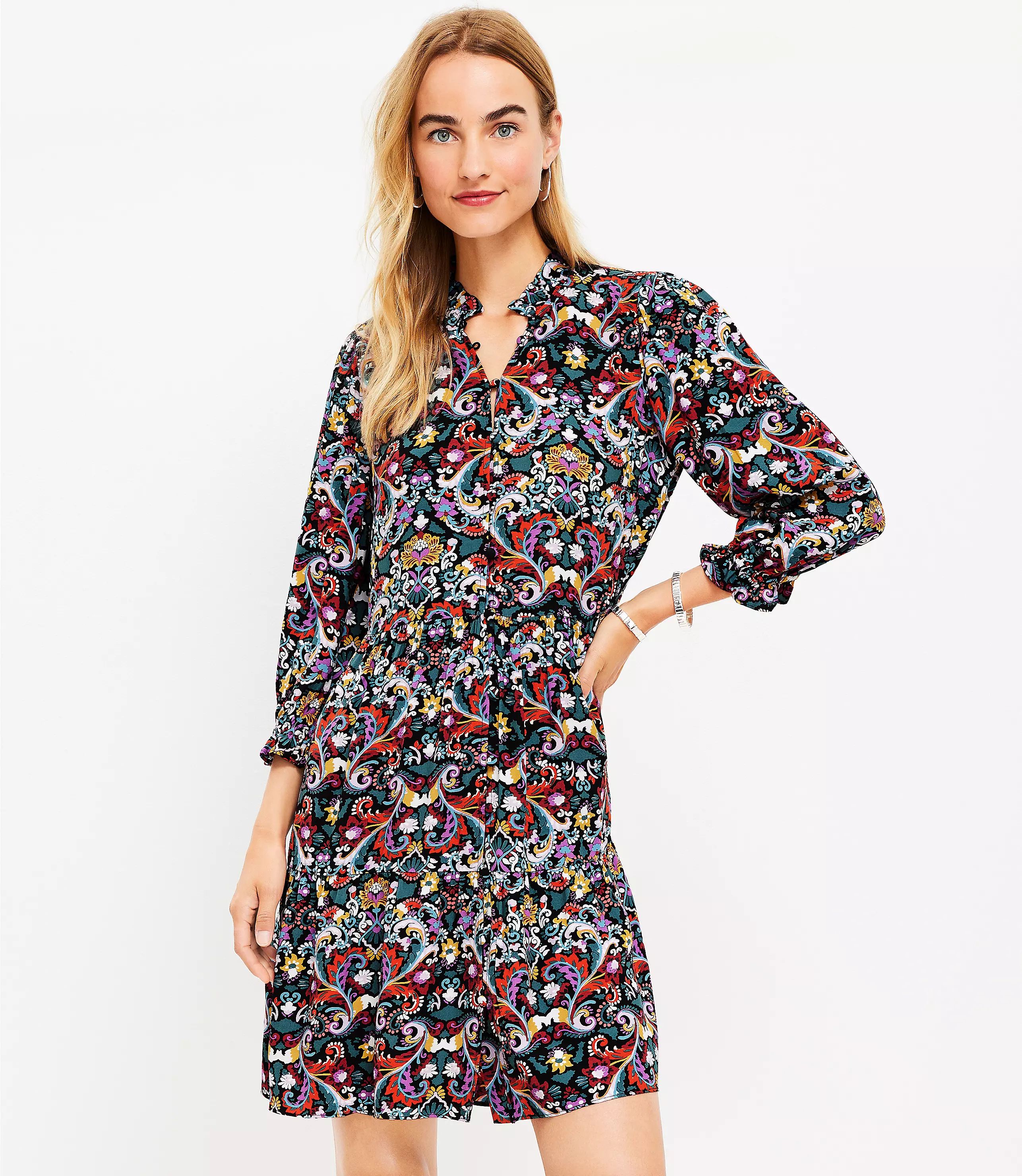 Border Floral Ruffle V-Neck Swing Dress | LOFT