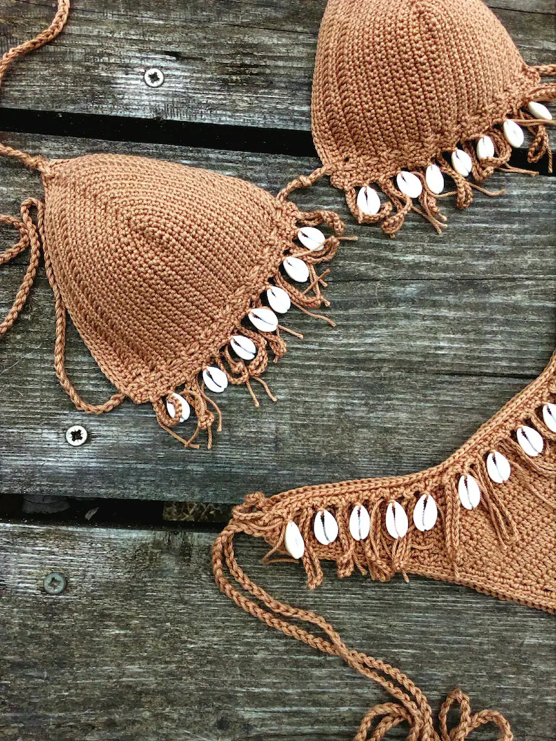 Crochet Bikini Set Tan Bronze With Natural Seashells. Can Be Made in Any Color - Etsy | Etsy (US)