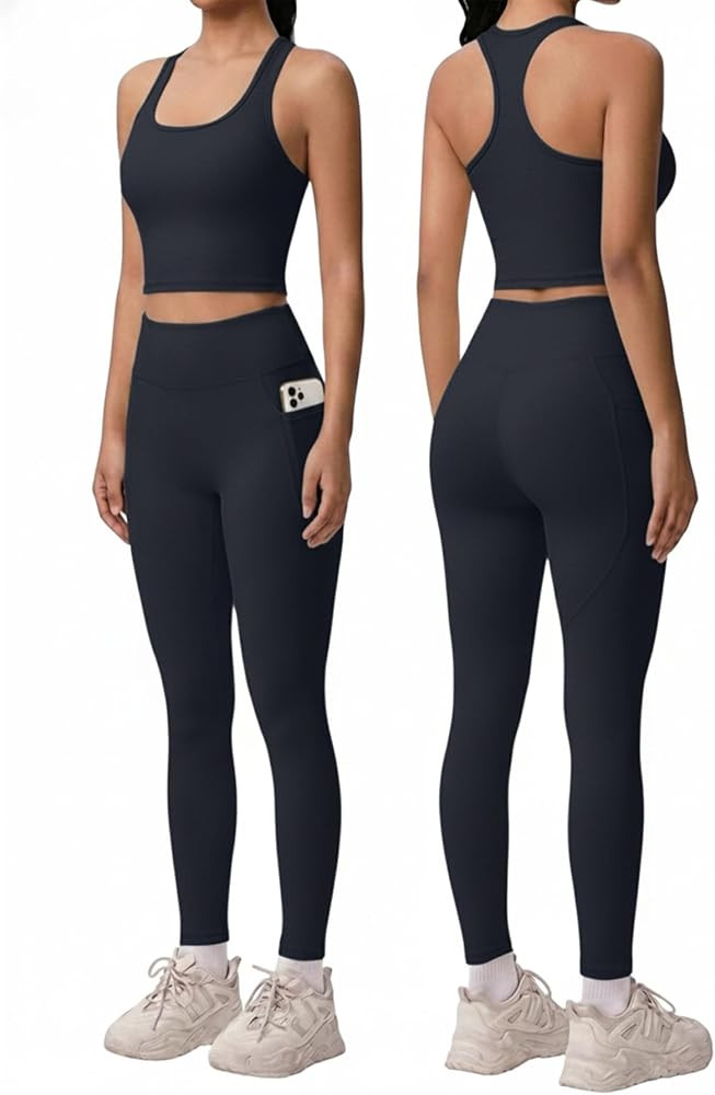 2 Piece Workout Sets for Women Racerback Tank High Waisted Pocket Leggings No Front Seam Tummy Co... | Amazon (US)