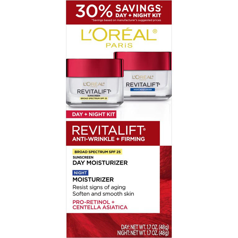 L'Oreal Paris Revitalift Anti-Wrinkle Skincare with Base Day and Night Moisturizer, 2 Count | Walmart (US)