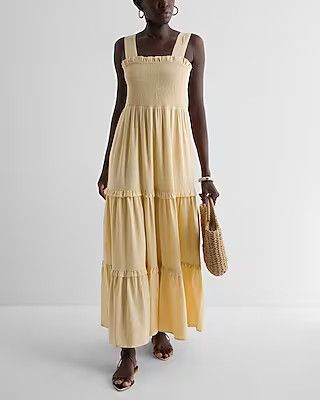 Linen-Blend Square Neck Smocked Tiered Maxi Dress | Express