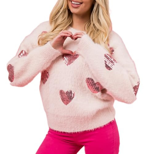 Sastianaen Sweater for Women Sequins Heart Graphic Knit Sweatshirt Oversized Crewneck Sweaters (a Pink, S) | Amazon (US)