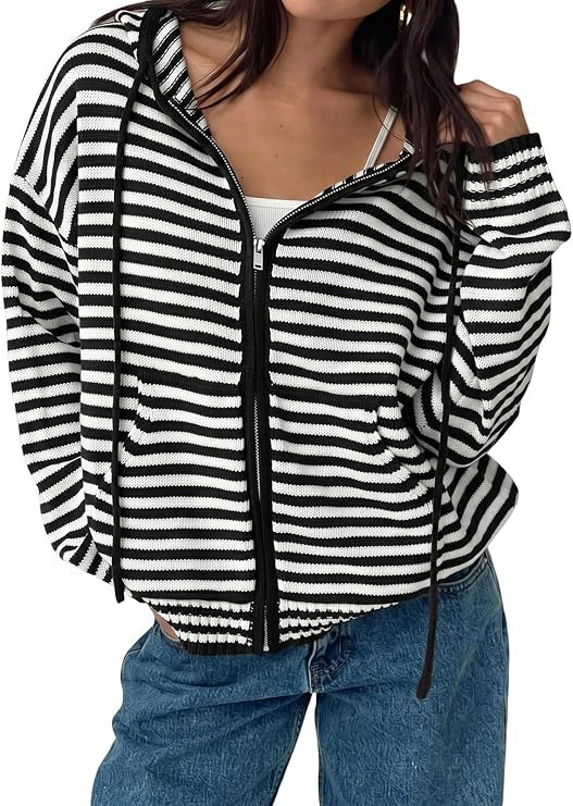 Fisoew Womens Striped Zip Hoodie Cardigan Oversized Crop Sweaters Jackets | Long Sleeve Pullover ... | Amazon (US)
