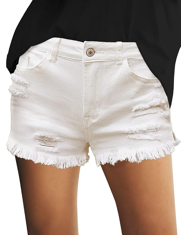 luvamia Women's Casual Mid Rise Denim Shorts Stretch Ripped Raw Hem Jean Shorts | Amazon (US)