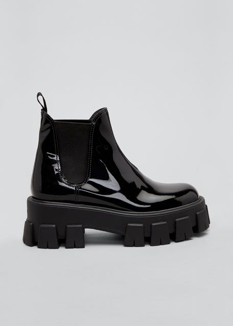 Prada Patent Lugged-Sole Chelsea Booties | Bergdorf Goodman