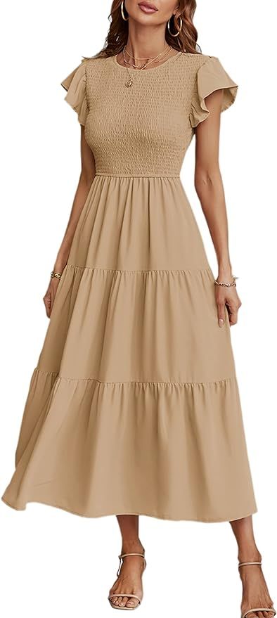 ECOWISH Womens Dresses Elegant Wedding Cocktail Ruffle Cap Sleeves Summer A-Line Midi Dress | Amazon (US)