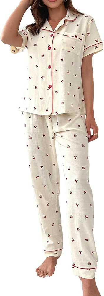 Verdusa Women's 2 Piece Printed Pajama Sets Sleepwear Button Up Shirt with Pants | Amazon (US)