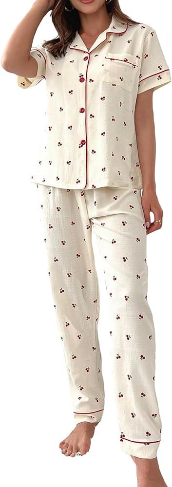 Verdusa Women's 2 Piece Printed Pajama Sets Sleepwear Button Up Shirt with Pants | Amazon (US)