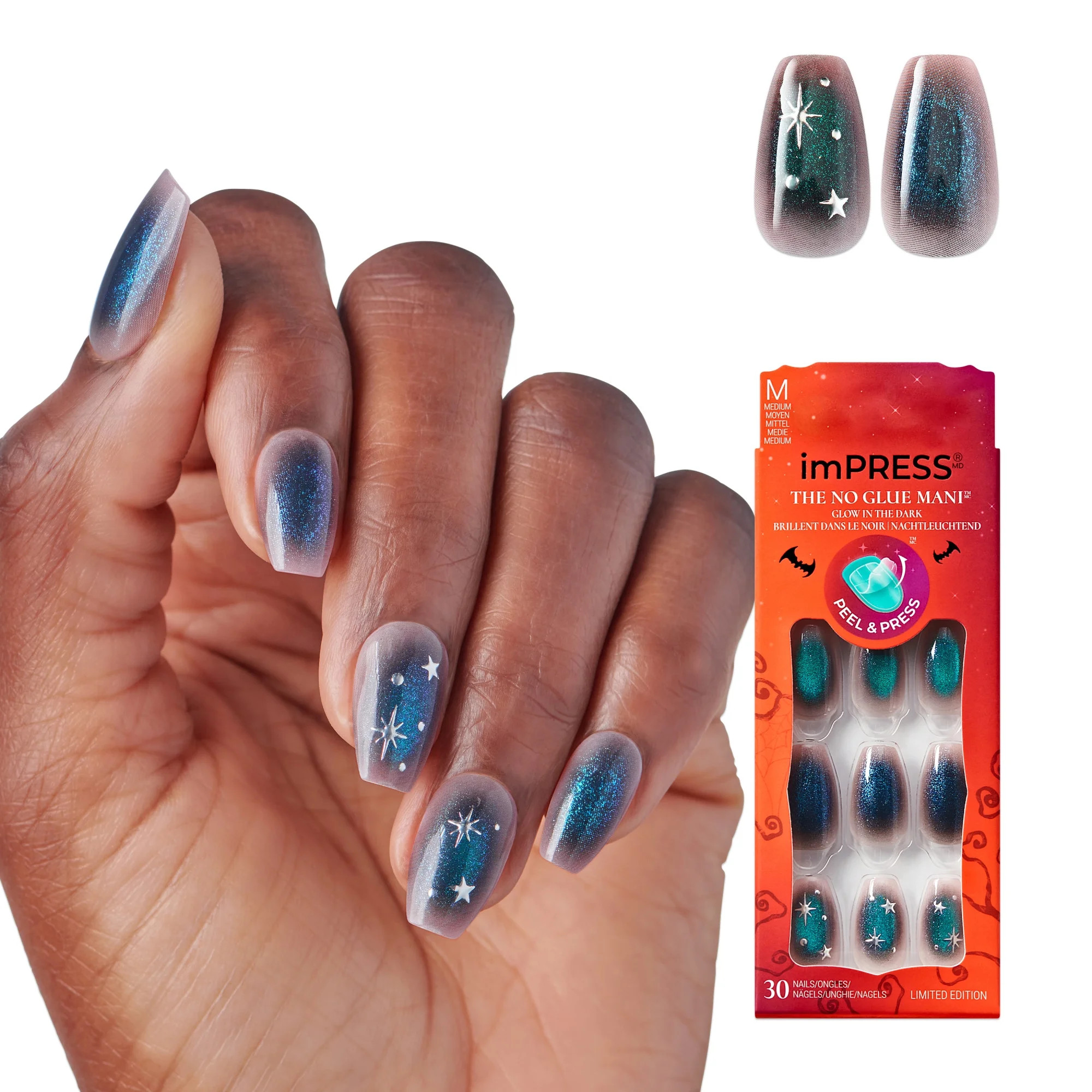 KISS imPRESS Halloween Press On Nails, ‘Superstitious’, Green, Medium Coffin, 30 Count | Walmart (US)