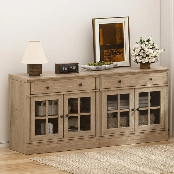 Brafabhome 63"W Sideboard Cabinet with Drawer & Glass Doors, Farmhouse Buffet Storage Credenza wi... | Walmart (US)