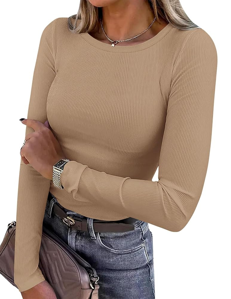 PRETTYGARDEN Women 2025 Fall Clothes Long Sleeve Shirts Ribbed Knit Fitted Basic Tee Going Out To... | Amazon (US)