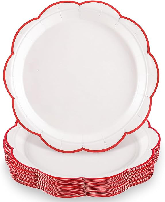 30 Pcs Red and White Paper Plates, 9 Inch White Plates with Red Trim Scalloped Patriotic Paper Pl... | Amazon (US)