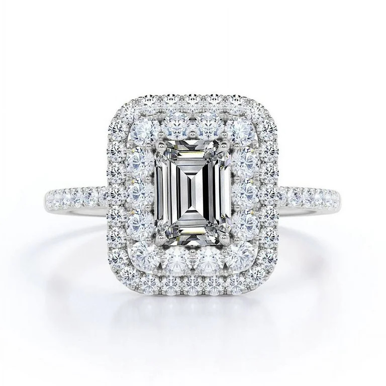 JeenMata 1.5 Carat Emerald Cut Moissanite Engagement Ring - Bridal Ring - Double Halo Ring - Clus... | Walmart (US)