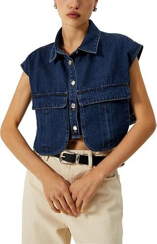 Kissonic Womens Cropped Button Down Shirt Sleeveless Jean Jacket Y2k Denim Top with Pockets | Amazon (US)