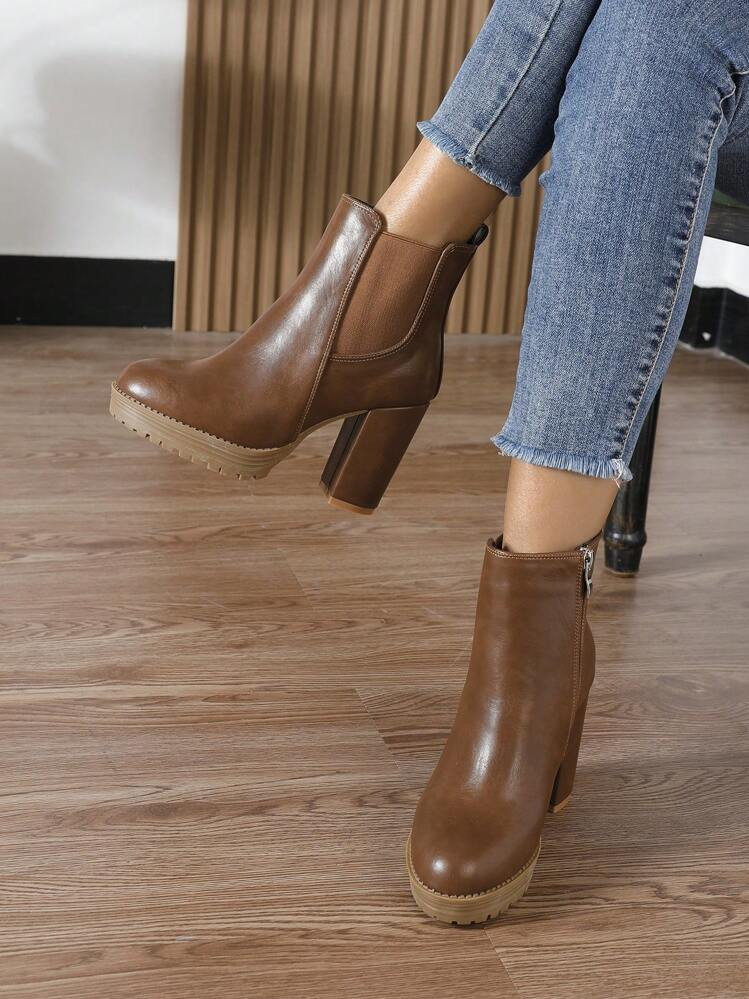 Women's High Thick Heel Waterproof Platform Round Toe Elastic Zipper Side Boots, Beige, Fashionab... | SHEIN