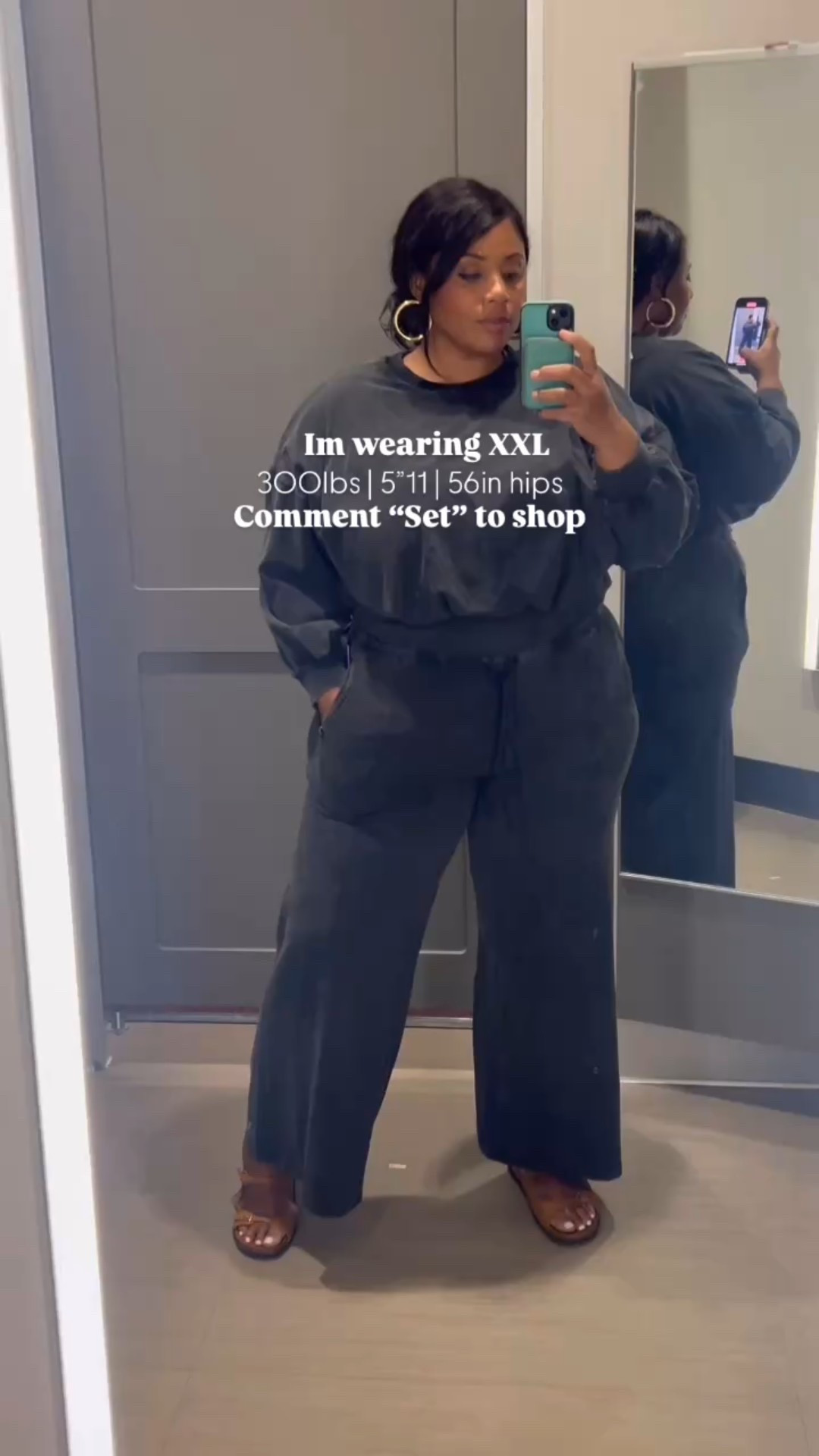 Im wearing a XXL im 300lbs, 56in hips, F cup. Cute active wear is my favorite !