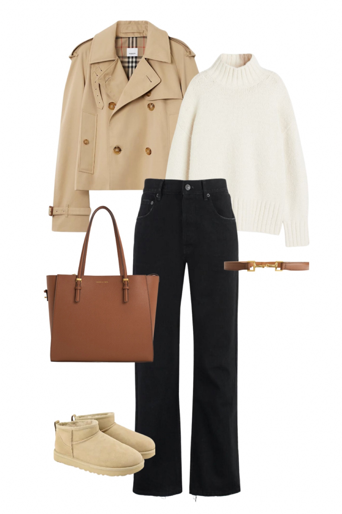 Cute fall outfit inspo: a cropped trench coat, white knit turtleneck, black levi’s jeans, brown belt, brown tote bag & a pair of uggs.

#LTKSeasonal #LTKitbag #LTKstyletip