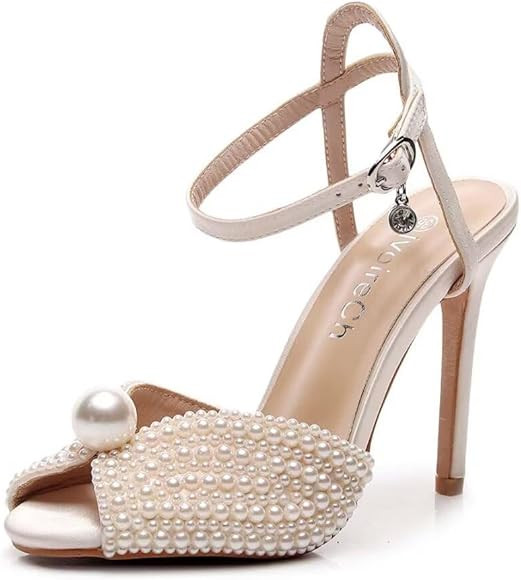 Womens Pearls Wedding Sandals Open Toe Stiletto 4" Heeled Sandals Bridal Pearl High Heels for Eve... | Amazon (US)