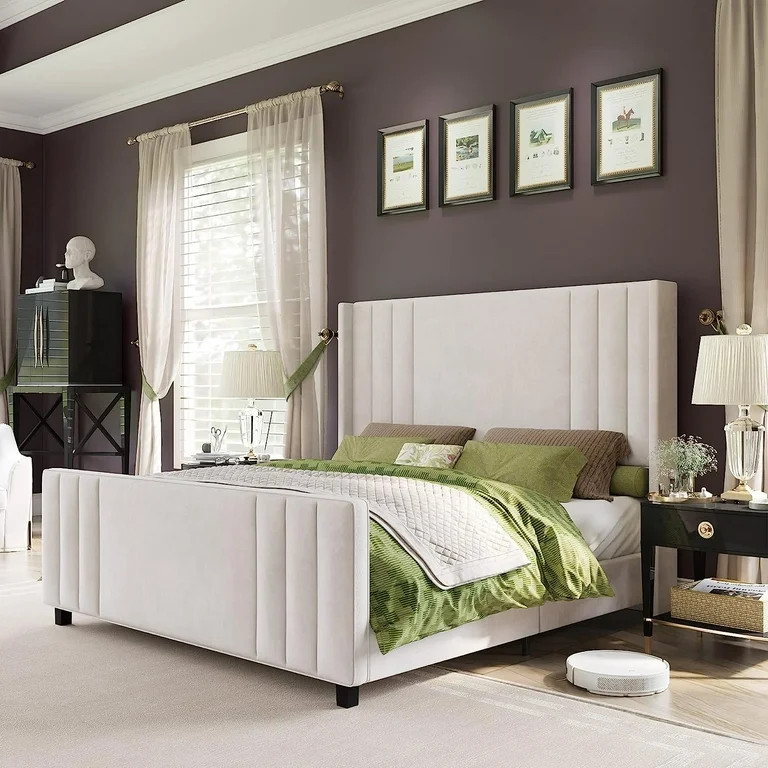 AMERLIFE Queen Size Bed Frame, Velvet Upholstered Platform Bed with Vertical Channel Tufted Headb... | Walmart (US)