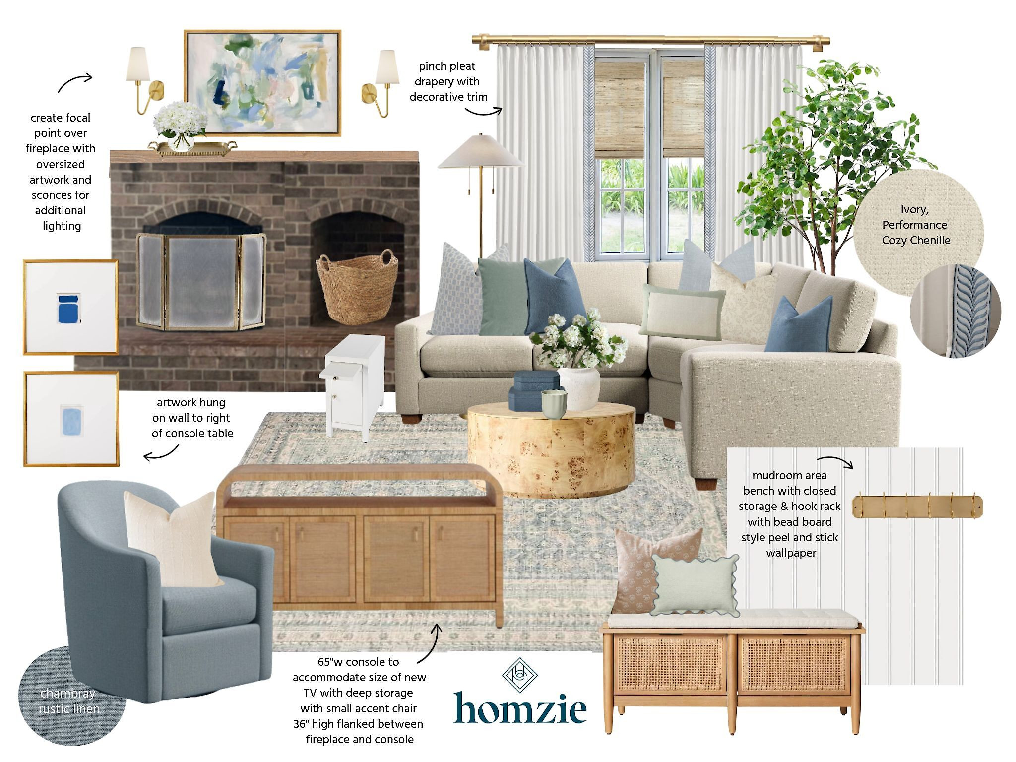 This is a living room in a cozy transitional style with classic accents and layered textures.  
It features:  Ivory Sectional, Chambray Swivel Chair, Burl Wood Coffee Table, Fireplace Artwork, Blue Trim Drapery, Mudroom Bench. 

 

#LTKActive #LTKHome #LTKSaleAlert