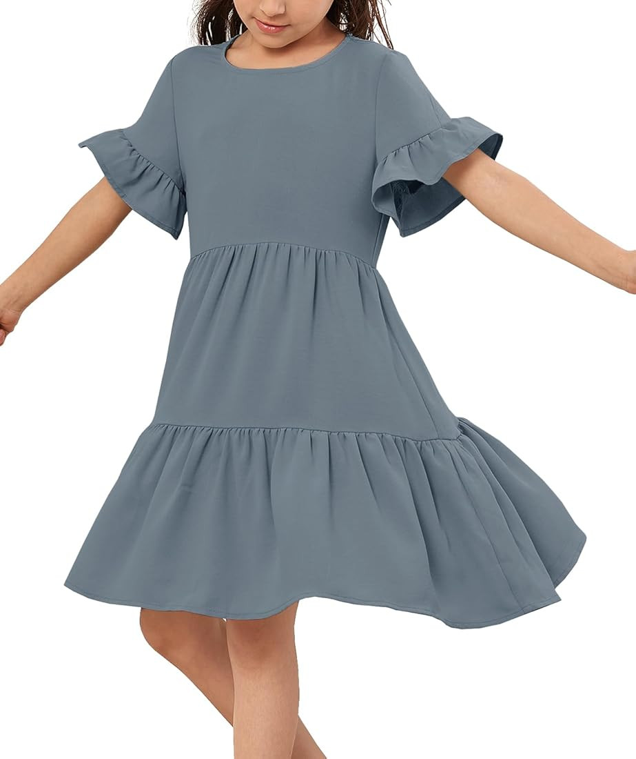 Geckatte Girls Dresses Summer Casual Floral Print Ruffle Short Sleeve Tiered Pleated Kids A-Line ... | Amazon (US)