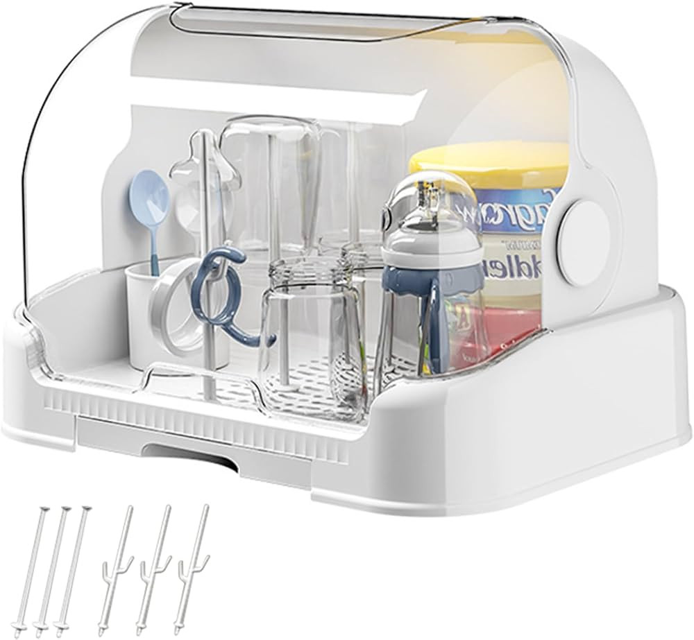 Baby Bottle Storage, Large Baby Bottle Organizer with Cover ＆ Removable Drain Tray Dustproof Po... | Amazon (US)
