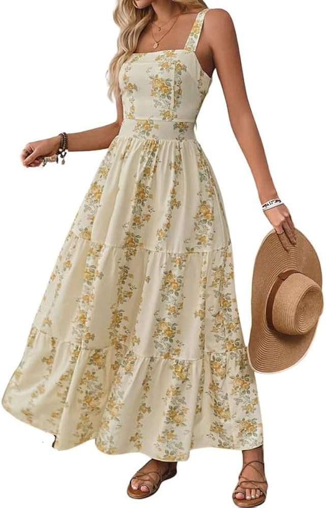 Women's Summer Floral Sundress Tie Back Bow Tiered Ruffle Flowy Maxi Boho Dress - Lightweight Cas... | Amazon (US)