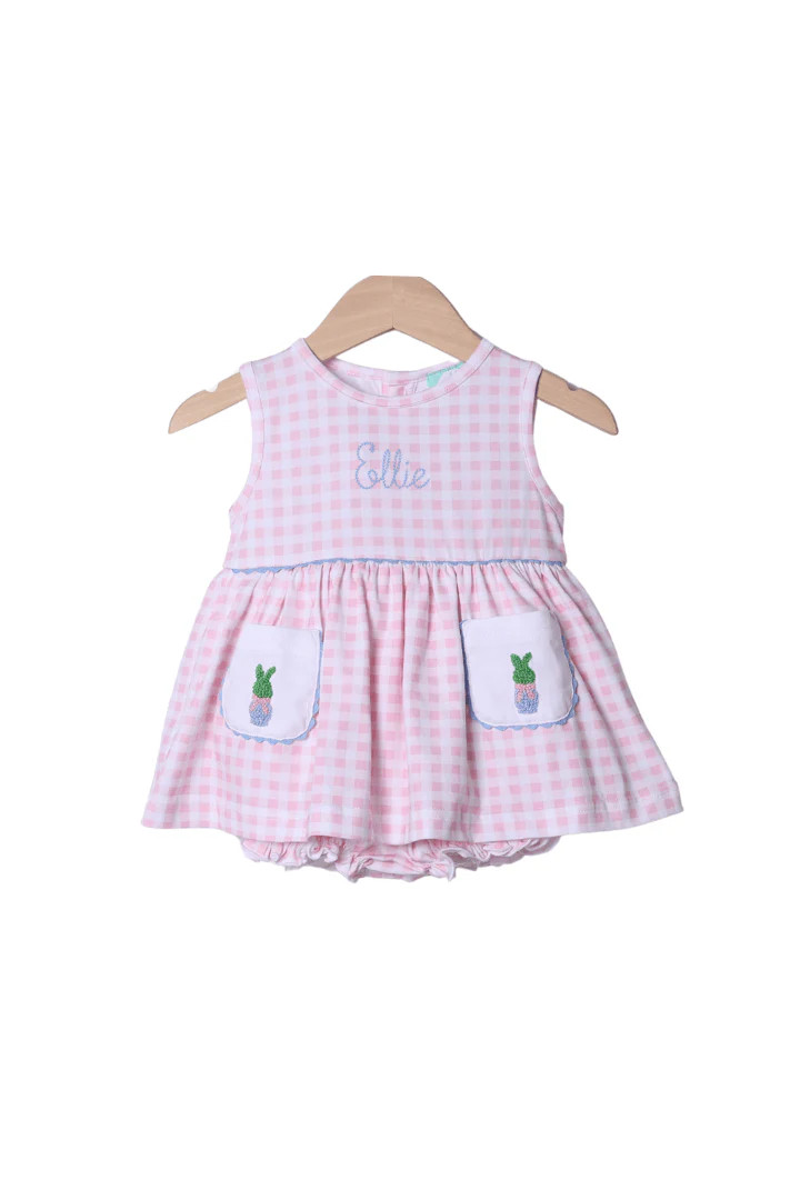 French Knot Bunny Topiary Pink Gingham Skirted Bubble | The Smocked Flamingo