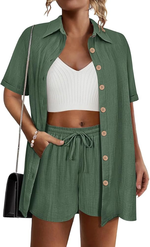 RITERA Womens Plus Size 2 Piece Outfits Cotton Linen Set Button Down Short Sleeve Shirt Drawstrin... | Amazon (US)