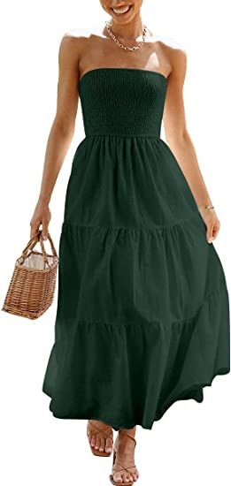 LILLUSORY 2023 Trendy Maxi Dress for Women Smocked Strapless Flowy A Line Dresses | Amazon (US)
