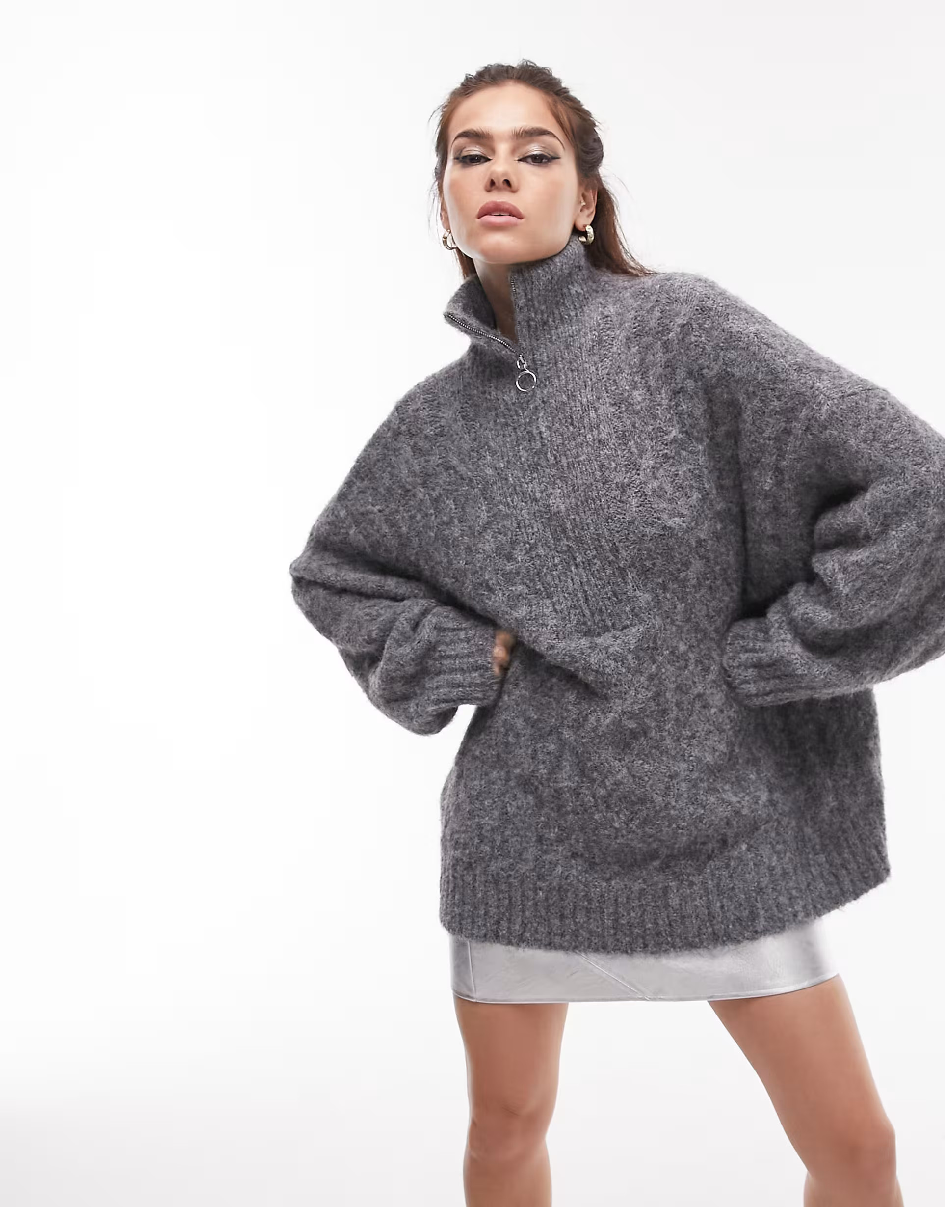 Topshop knitted fluffy cable zip front sweater in gray | ASOS (Global)
