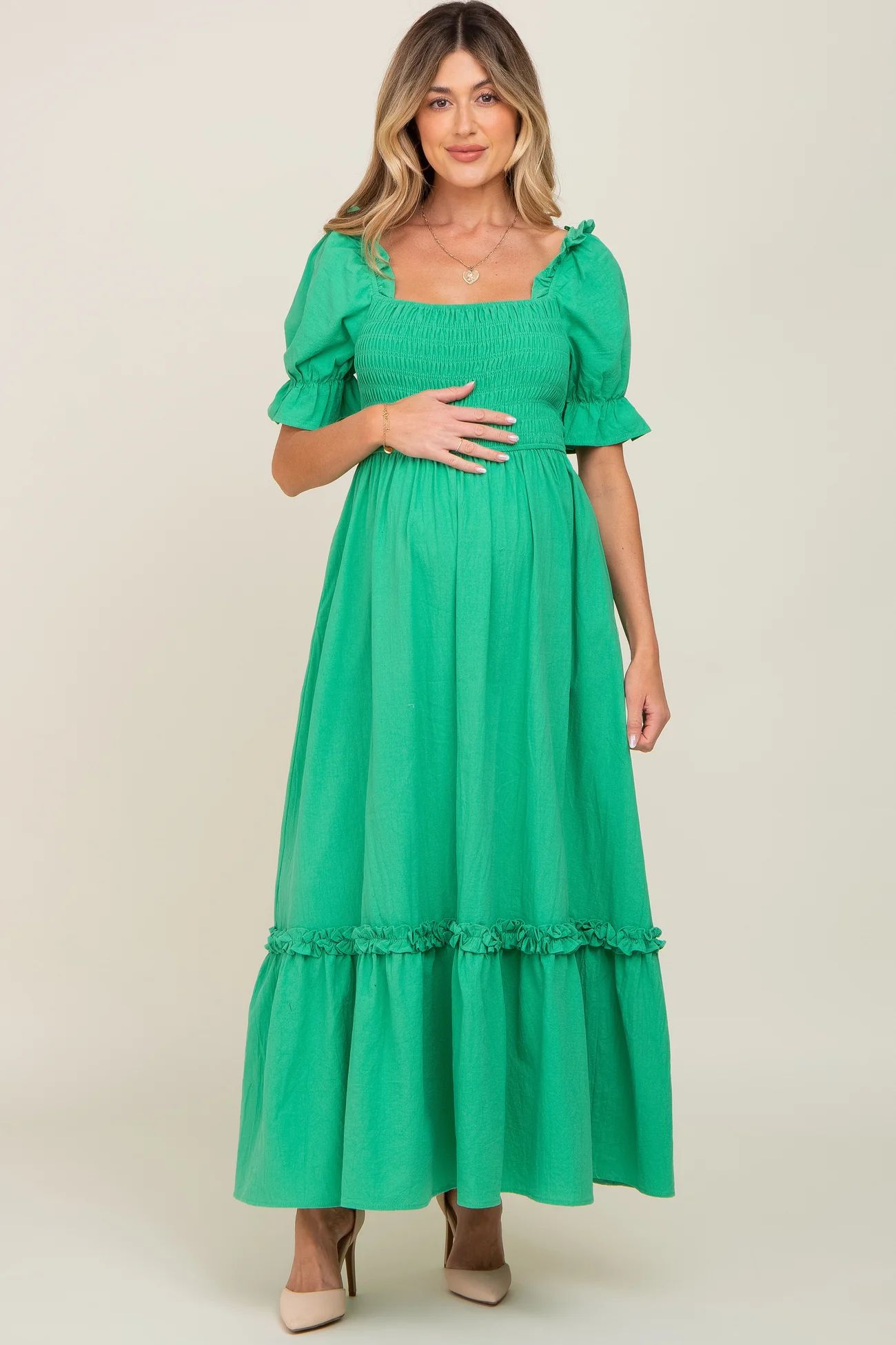 Green Puff Sleeve Ruffle Accent Maternity Maxi Dress | PinkBlush Maternity