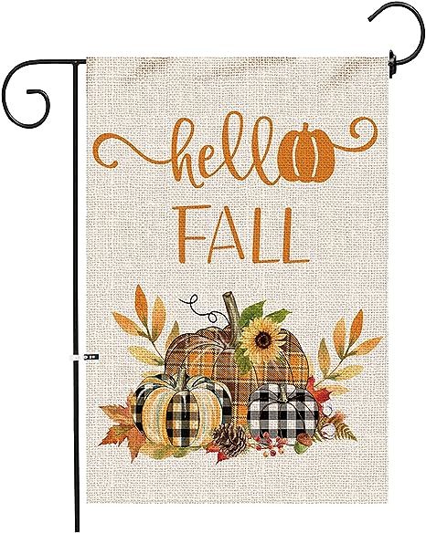 Amazon.com : Hexagram Hello Fall Garden Flag, Vertical Double Sided Burlap Seasonal Autumn Buffal... | Amazon (US)